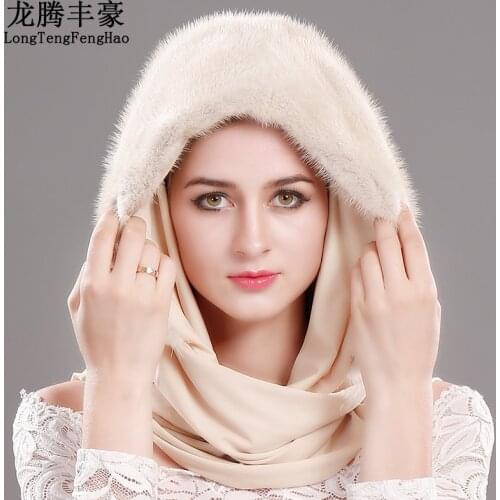 Hat for winter 100% Genuine Mink Fur Beanies hat with the Scarf High Qualitity Natural fur hats female the whole skin with scarf
