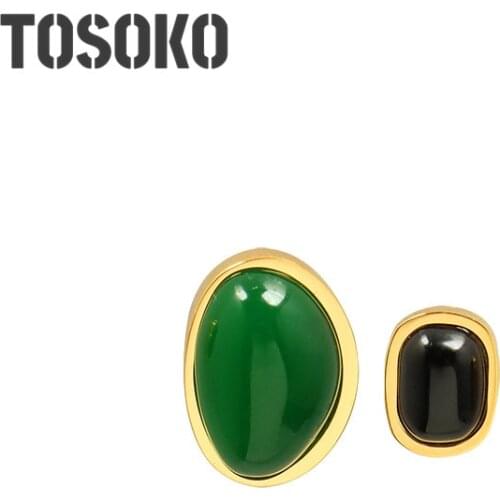 TOSOKO Stainless Steel Jewelry Green Stone Black Stone Irregular Stud Fashion Asymmetric Earrings BSF445