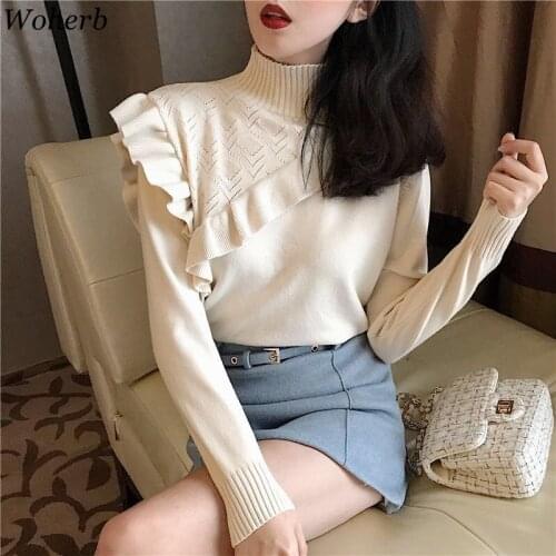 Woherb Elegant Ruffle Sweater Women Korean Fashion Turtleneck Pullover Office Casual Knit Jumper Sexy Hollow Out Bodycon Sweater
