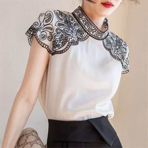 2021 Vintage Royal Satin Shirt Summer New Fashion Women Blouse Stand-Up Collar Hollow Embroidery Top Blusa