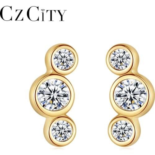 CZCITY New Fashion Simple Golden Stud Earrings for Women Fine Jewelry 925 Sterling Silver Round Statement Cubic Pendientes Gifts