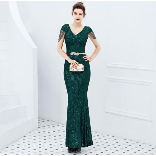 2021 New Evening Dress Female New Banquet Temperament Elegant Long Sequins Aura Queen Fish Tail Is Thin Party Dress