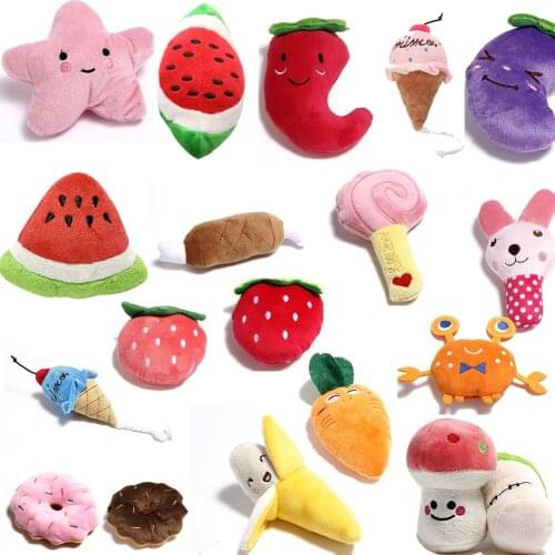1pc Sounding Puppy Dog Chew Toy Fruit Vegetable Chicken Drum Bone Squeak Toy for Cat Pets Plush Red Pepper Eggplant Radish