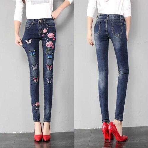 Winter Autumn Flower Embroidery Skinny Jeans Woman Vintage High Waist Pencil Pants Female Elastic Plus Size Denim Trousers A44