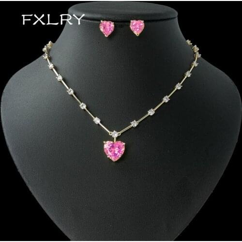 FXLRY Elegant AAA Cubic Zirconia Heart Earring and Necklace for Women Wedding Fashion Jewelry Set