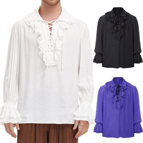 Gothic Ruffles Long Sleeve Victorian Vintage Lapel Shirt Men Renaissance Medieval Shirt Solid Male Top Shirt Blouse