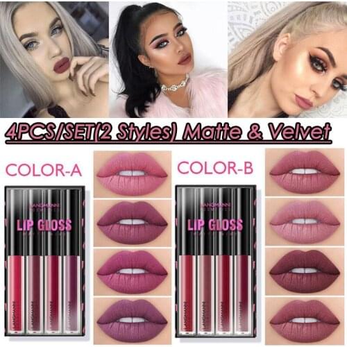 Value 4pcs/set Matte Lipstick Set Lip Glaze Velvet Lip Gloss Liquid Lipstick Non-stick Cup Nude Gift for Girlfriend Cosmetics