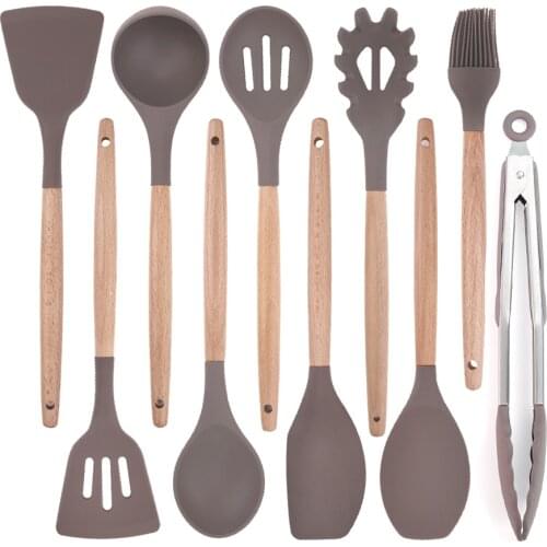 Silicone Kitchen Cooking Utensils Set Heat-resistant Non-stick Cookware Easy Clean Solid Wood Beech Wooden Handle Spatula Set