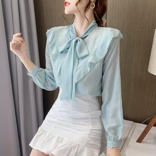 Chikichi 2021 Autumn New Bow Ruffled Fashion Temperament Blouse Korean Style Lace Chiffon Pink Shirt Women Long Sleeve Top