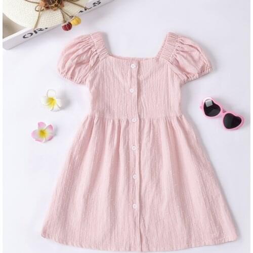 2021 0-6Y Kids Baby Girls Princess Dress Summer Sweet Solid Color Square Collar Puff Short Sleeve Button A-line Dress Sundress