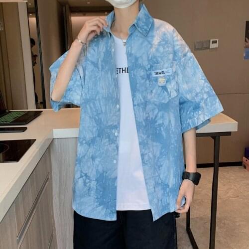 Vintage Men Tie-dye Shirts High Quality Cotton Mens Casual Streetwear Short-sleeved Shirt Top Blouse Pink/Blue/Black/Purple