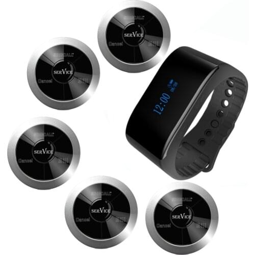 SINGCALL Wireless Emergency Paging System 5 Silver Waiter Call Buttons 1 Waterproof Bracelet Watch Receiver APE6900