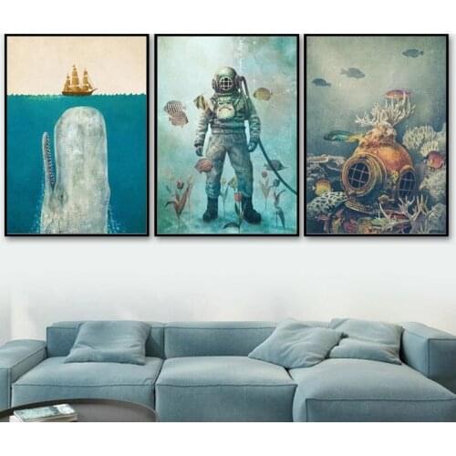 Modern Art Cartoon Canvas Painting Ocean Whale Diver Living Room Bedroom Cafe Swimming Pool Wall Decoration Printing Hd Poster