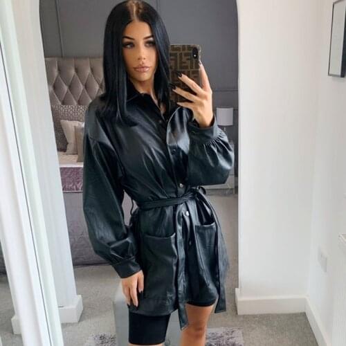 Trench Coat for Women Belt Pocket Buttons High Waist Windbreaker Woman Black Casual Leather Jacket Fashion Streetwear