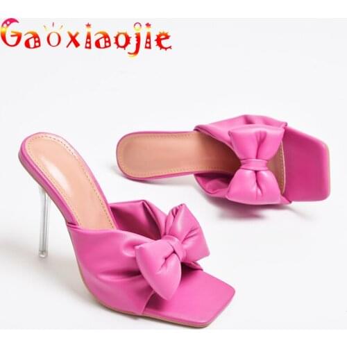 Gaoxiaojie Women Slippers 2021 Summer New Butterfly-Knot Square End Peep Toe Sandals Comfortable Fashion High Heel Office Shoes