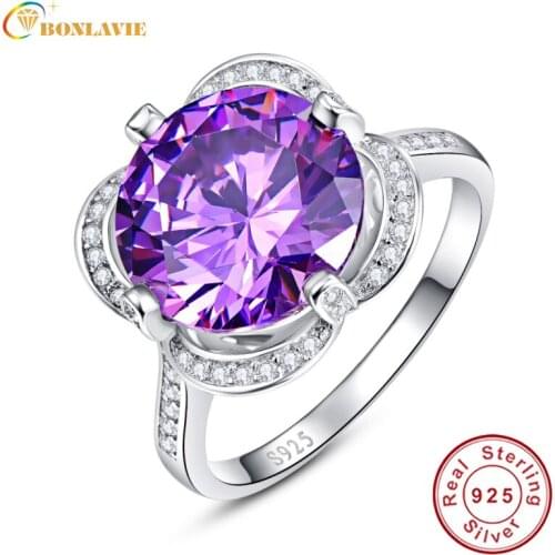 BONLAVIE Real Pure 925 Sterling Silver Rings For Women Natural Purple Crystal Stone Ring Vintage Engraved Flower Fine Jewelry