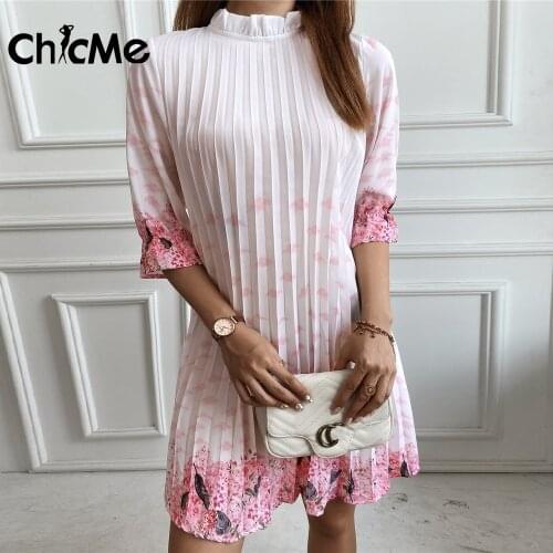 Chicme 2021 Autumn New Floral Print Ruffle Hem Trim Pleated Dress Three Quarter Sleeve Vestidos Elegantes Femme Casual