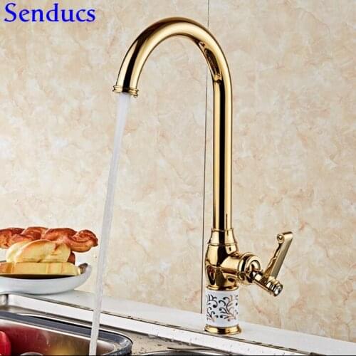 Senducs Gold Kitchen Sink Faucet Deck Mounted Brass Gold Bathroom Basin Faucet Single Lever Hot Cold Golden Kitchen Mixer Tap
