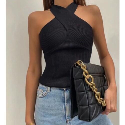 2021 Women Fashion Solid Cropped Knitted Tops Female Casual Cross V-Neck Out Shoulder Chic Tops