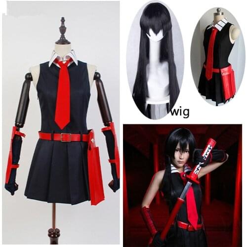 8PCS Akame ga KILL Akame Cosplay Black Sleeveless Dress Uniform Outfit Anime Cosplay Costumes and wig glove sock Christmas Party