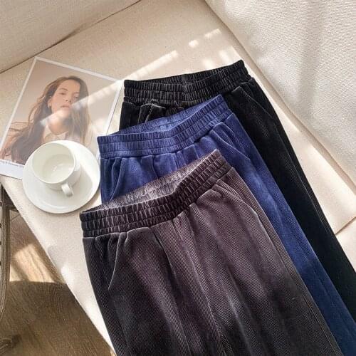 Womens new waist slim side oblique pocket wide leg and foot fashion joker velvet slim wide leg pants