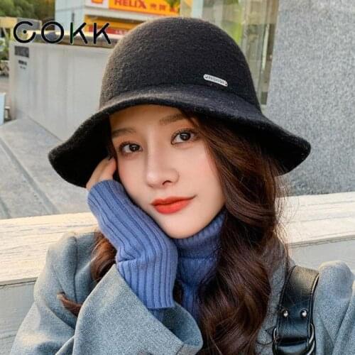 COKK Winter Hat Women Cashmere Wool Bucket Hats For Women Ladies Fisherman Cap With Bow Vintage Bob Hat Female Gorro 2021 New