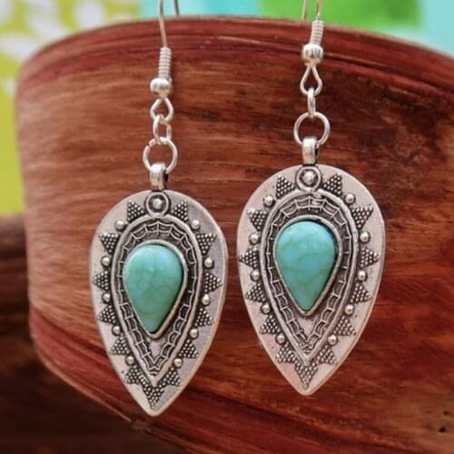 Gypsy Water Drop Shield Metal Dangle Earrings Bohemia Vintage Accessories Natural Blue Stone Hook Dangle Earrings for Women