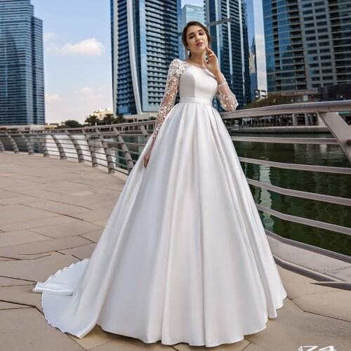 Elegant Satin Lace Wedding Dress embroidery Long Sleeve See Through Back O-Neck Bridal Dress Vestido De Noiva