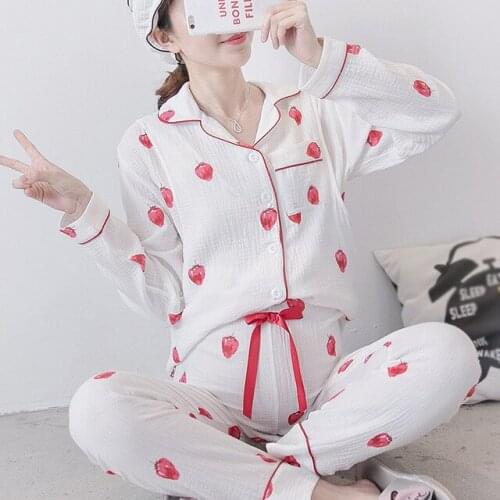 100% Cotton Strawberry Pattern Full Sleeve With Opening Design Maternity Sleepwear Breastfeeding Maternity Nursing Pajama Sets