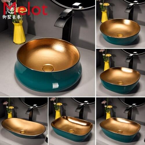 Creative Green Gold Table Basin Nordic Entry Lux Style Wash Basin Metal Glaze Art Washbasin Ceramic Single Basin Household