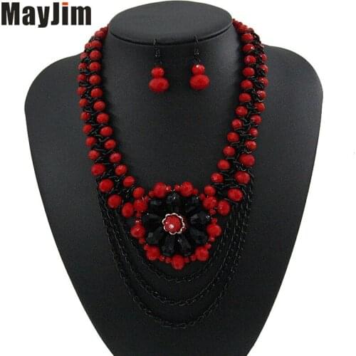 Statement necklace fashion jewelry sets Handmade beads chain crystal flowers jewelry sets earrings dubai Vintages Accessories
