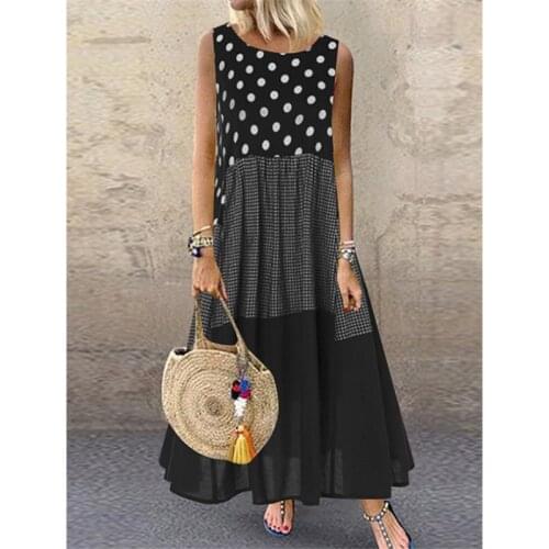 Fashion Women Summer Casual Loose Dress Sleeveless Polka Dot Patchwork Bohe Long Dress Female Plus Size Beach Dress Robe A Line