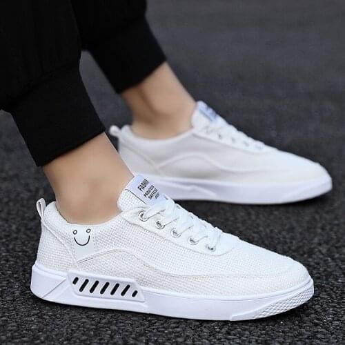 Men Running Shoes Smile Mix Color Linen Outdoor Sport Sneakers Boys Students Lace Up Athletic Trainers Tennis Shoes Size 39-44