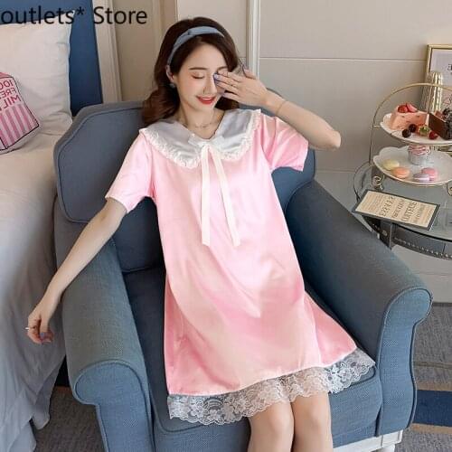 Nightdress Female Summer Ice Silk Princess Style Short Sleeve Sexy Thin Silk Lapel Home Clothing Night Dress Women