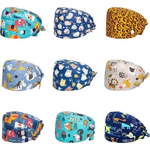 Fashion Scrub Cap With Buttons Bouffant Hat For Women Men Wearing Protect Ears Work Hat With Sweat Towel