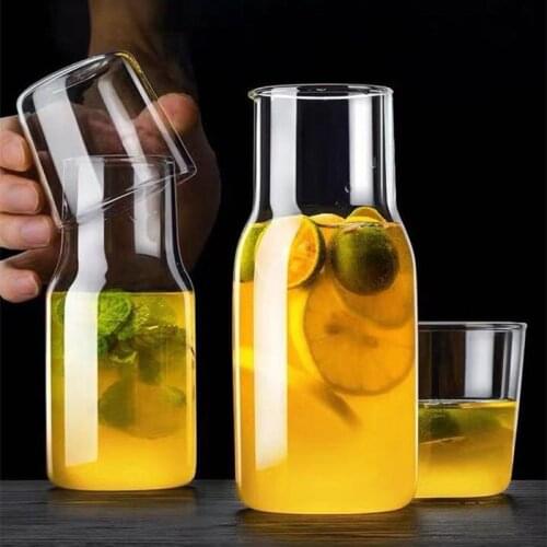 Transparent Glass Water Bottle with Cup Lid Heat Cold Resistant Drinkware Set for One Person Drinking Jug Milk Cup Juice Bottle