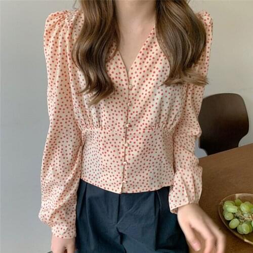 RUGOD 2021 spring temperament little woman, waist is thin and small flower print chiffon shirt