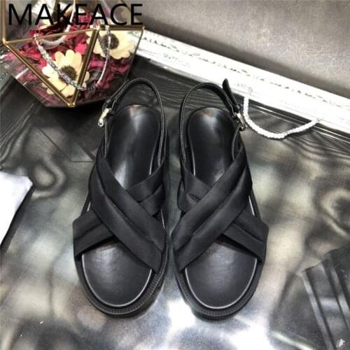 New Summer Thick Soles Sandals Woman Round Toe Satin Crossed Tied Sandals Woman One Strap Shoes For Woman Beach Sandals 2021