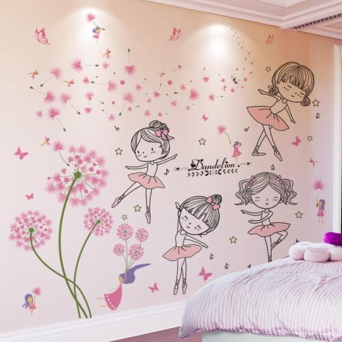 [shijuekongjian] Cartoon Girl Dancer Wall Stickers DIY Dandelion Flowers Wall Decals for Kids Room Baby Bedroom House Decoration