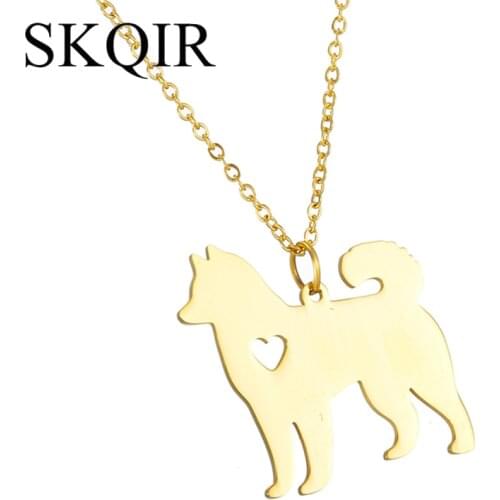 SKQIR Statement Necklace Gold Color Personality Akita Dog Animal Pendant Stainless Steel Hollow Heart Necklace Women Jewelry