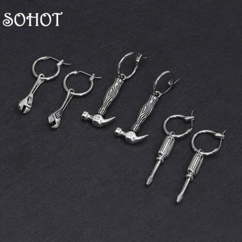 SOHOT Cute Tool Man Drop Earrings Chic Silver Color Screwdriver Hammer Wrench Shape Pendant For Unisex Punk Jewelry Brincos