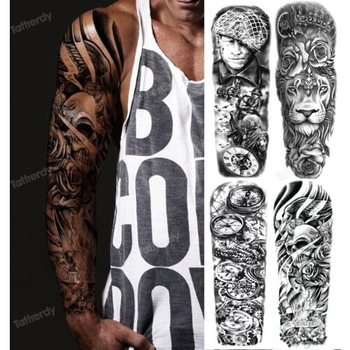 Waterproof Temporary Tattoo Stickers Full Arm Large Skull Old School Lion Tatoo Sticker Flash Fake Tattoos for Men Women Boys