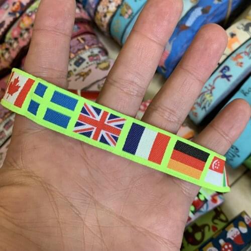 ZERZEEMOOY 5/8" 16 mm 5yards/lot Cartoon Polyester Woven Jacquard Ribbon Fluorescent Green Background Many Flags KTZD19112503