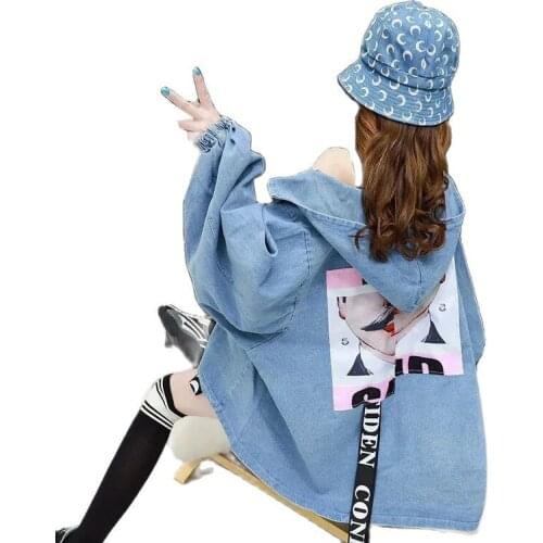 Printing Womens Denim Jacket Spring Autumn New Hooded Jacket Mid Long Lazy Wind Net Red Tooling Denim Coat Windbreaker