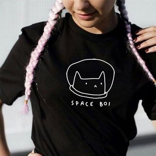 New Lovely Space Cat Print T Shirt Women 100% Cotton O Neck Short Sleeve Summer T-Shirt Tops Casual Tshirt drop ship