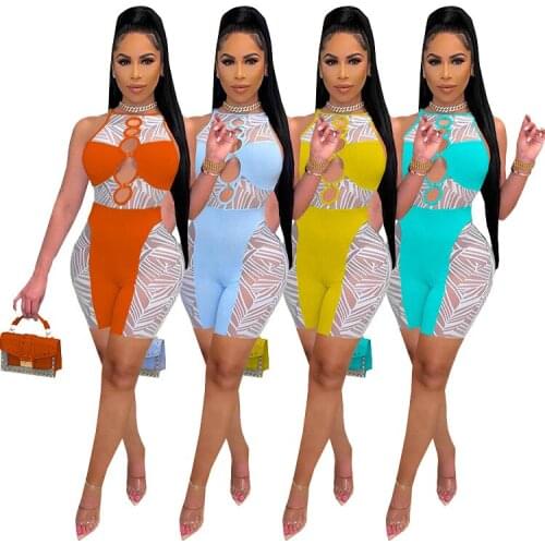 Echoine Women Sexy Lace stitching Sleeveless O-neck Bandage Summer Beach Party Beach Playsuits Short Pant Club Party Rompers