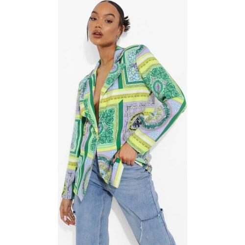 Autumn Winter Womens Blazer Jacket Lady Notched Collar Print Single Button Coat Long Sleeve Outerwear Stylish Tops Blazer Femme