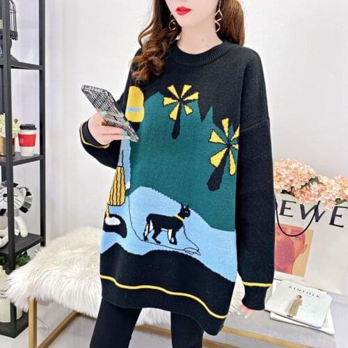 Ladies pullover sweater Womens outer wear knitted warm sweater loose trend jacquard cartoon western fashion thickening