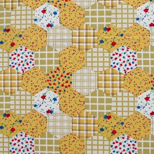 1 yard Cotton Poplin Fabric for sewing pathwork, dress, cloth, bedding - Flowers and hexagonal lattice (yellow) (width=145cm)