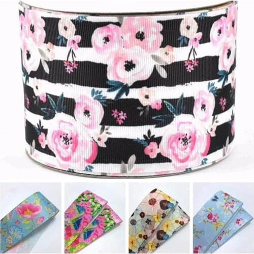 100Y/lot 75mm 3" heat transfer flower flora printed grosgrain ribbon DIY handmade material welcome custom order